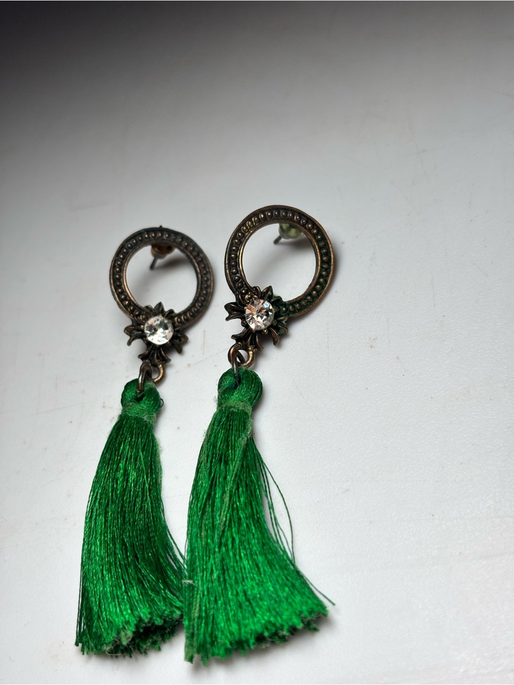 Green Tassel Drop Earrings with Crystal Accent
